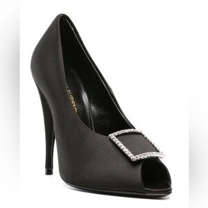 Saint Laurent Franky 115 Crystal Black Satin Peep toe Pumps 38=8